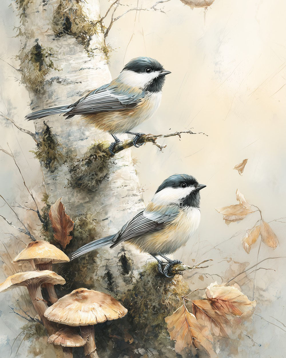Chickadees and autumn mushrooms cross stitch kit for beginners