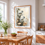 Chickadees and autumn mushrooms cross stitch artwork displayed on wall as home decor