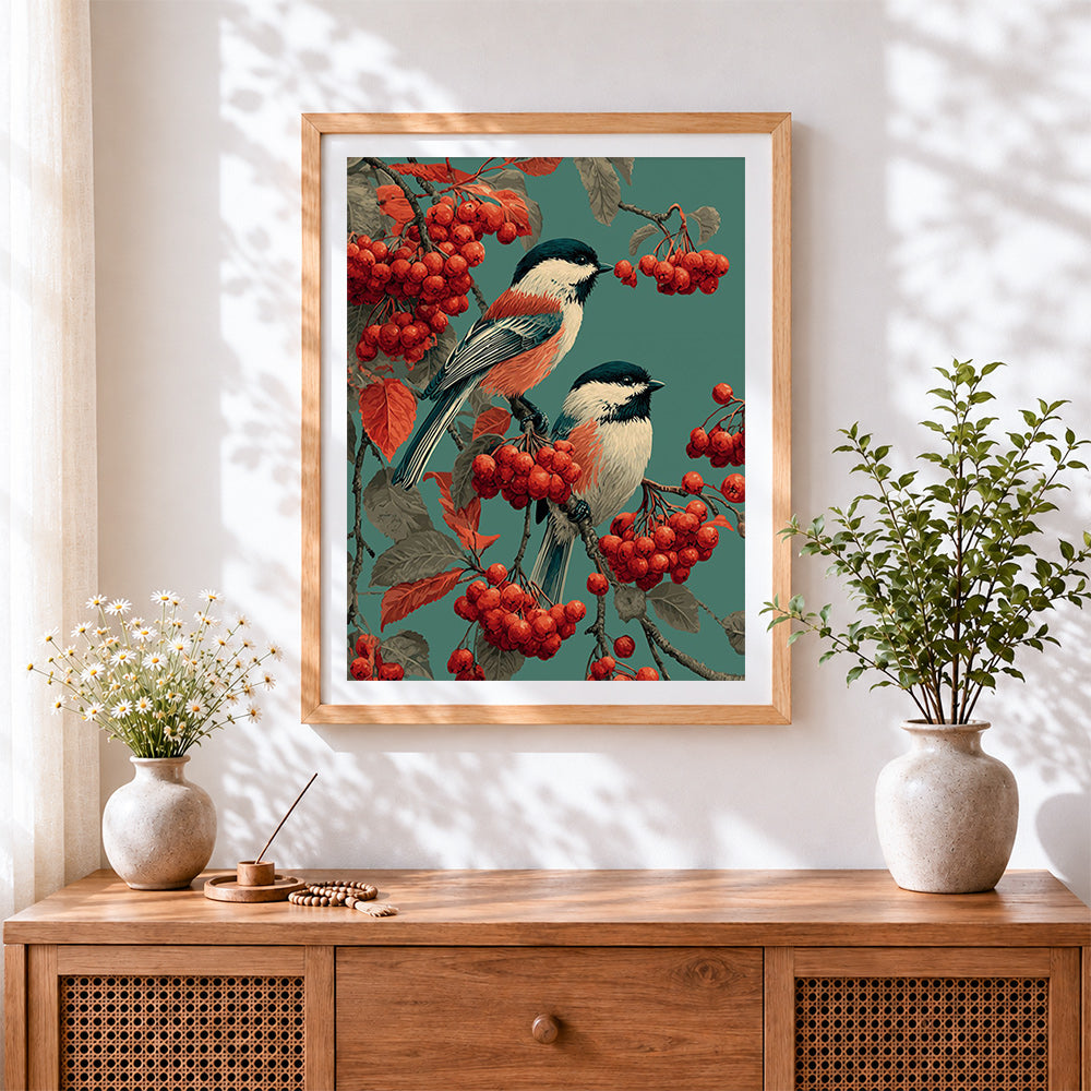 Finished chickadees and red berries cross stitch artwork displayed