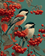 Chickadees and red berries cross stitch kit for beginners