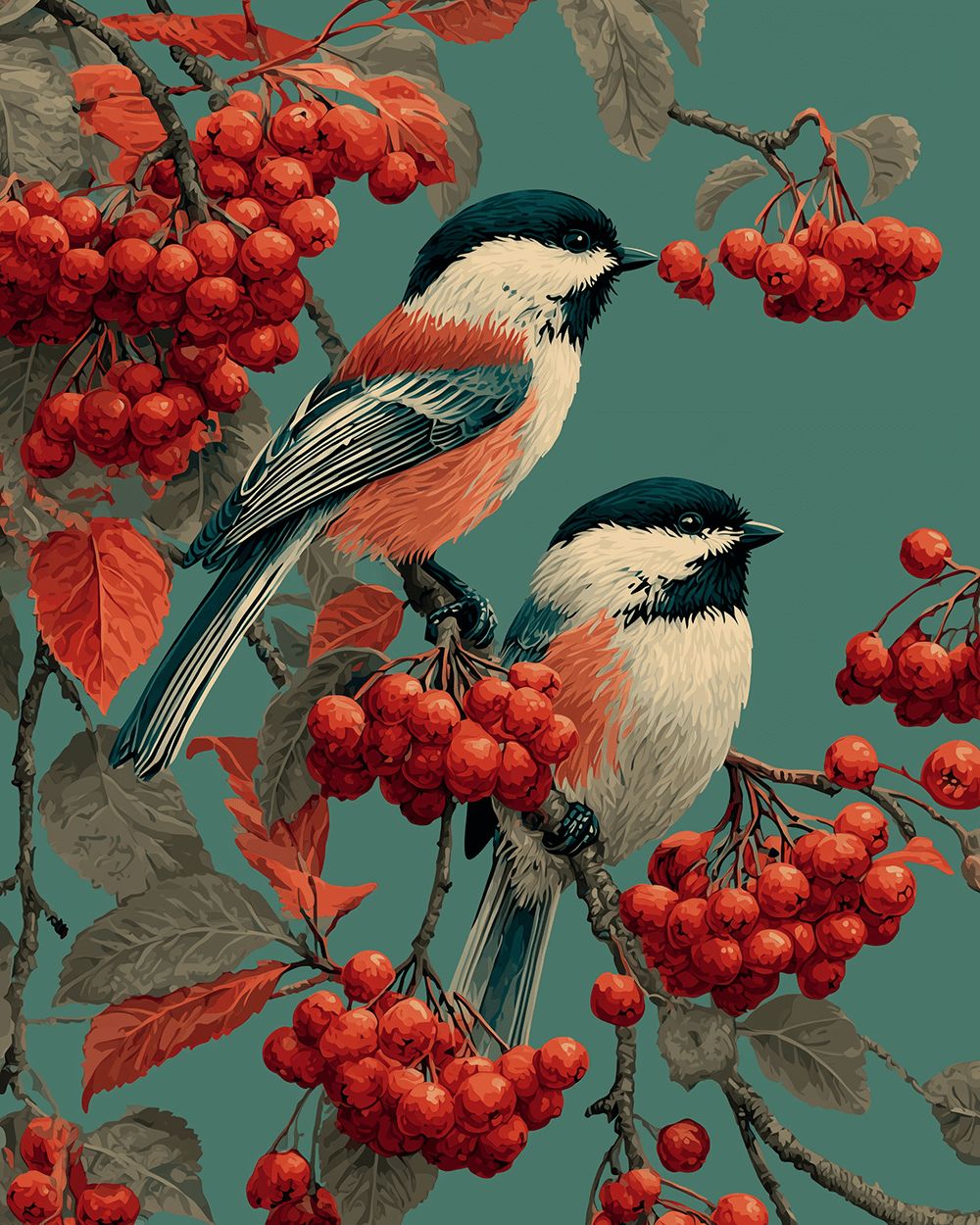 Chickadees and red berries cross stitch kit for beginners