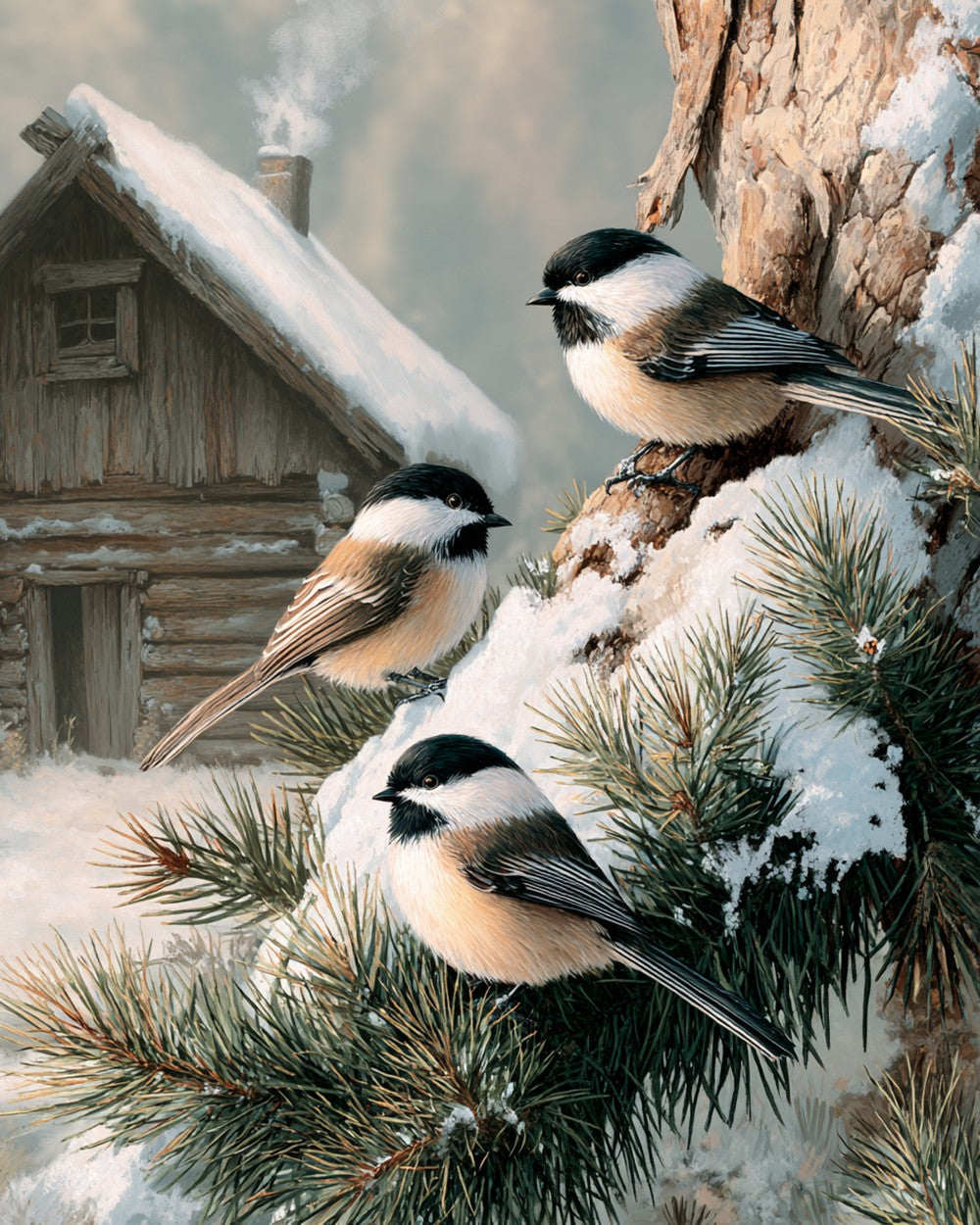 Chickadees in winter snow cross stitch kit for beginners