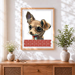 Finished chihuahua behind a brick wall cross stitch artwork displayed