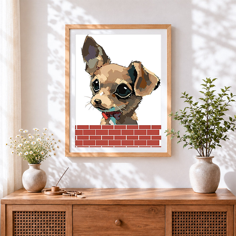 Finished chihuahua behind a brick wall cross stitch artwork displayed