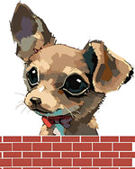 Chihuahua behind a brick wall cross stitch kit for beginners
