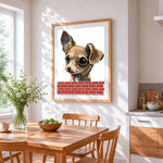 Chihuahua behind a brick wall cross stitch artwork displayed on wall as home decor