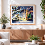 Finished child and golden retriever by christmas tree cross stitch artwork displayed