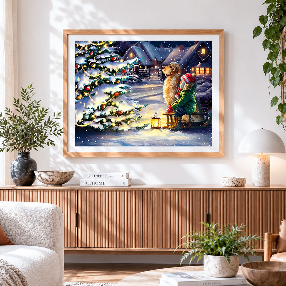 Finished child and golden retriever by christmas tree cross stitch artwork displayed