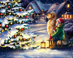 Child and golden retriever by christmas tree cross stitch kit for beginners
