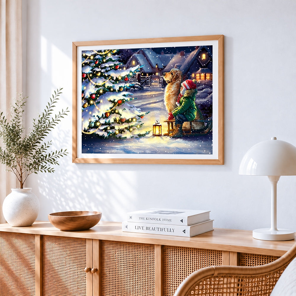 Child and golden retriever by christmas tree cross stitch artwork displayed on wall as home decor