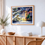 Child and golden retriever by christmas tree cross stitch artwork displayed on wall as home decor