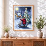 Finished child, dog and glowing christmas tree cross stitch artwork displayed