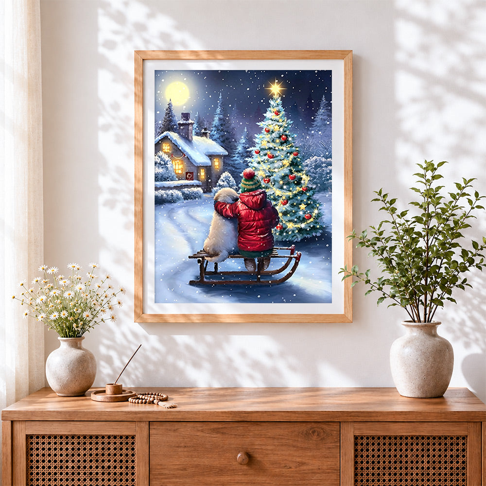 Finished child, dog and glowing christmas tree cross stitch artwork displayed
