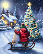 Child, dog and glowing christmas tree cross stitch kit for beginners