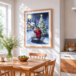 Child, dog and glowing christmas tree cross stitch artwork displayed on wall as home decor