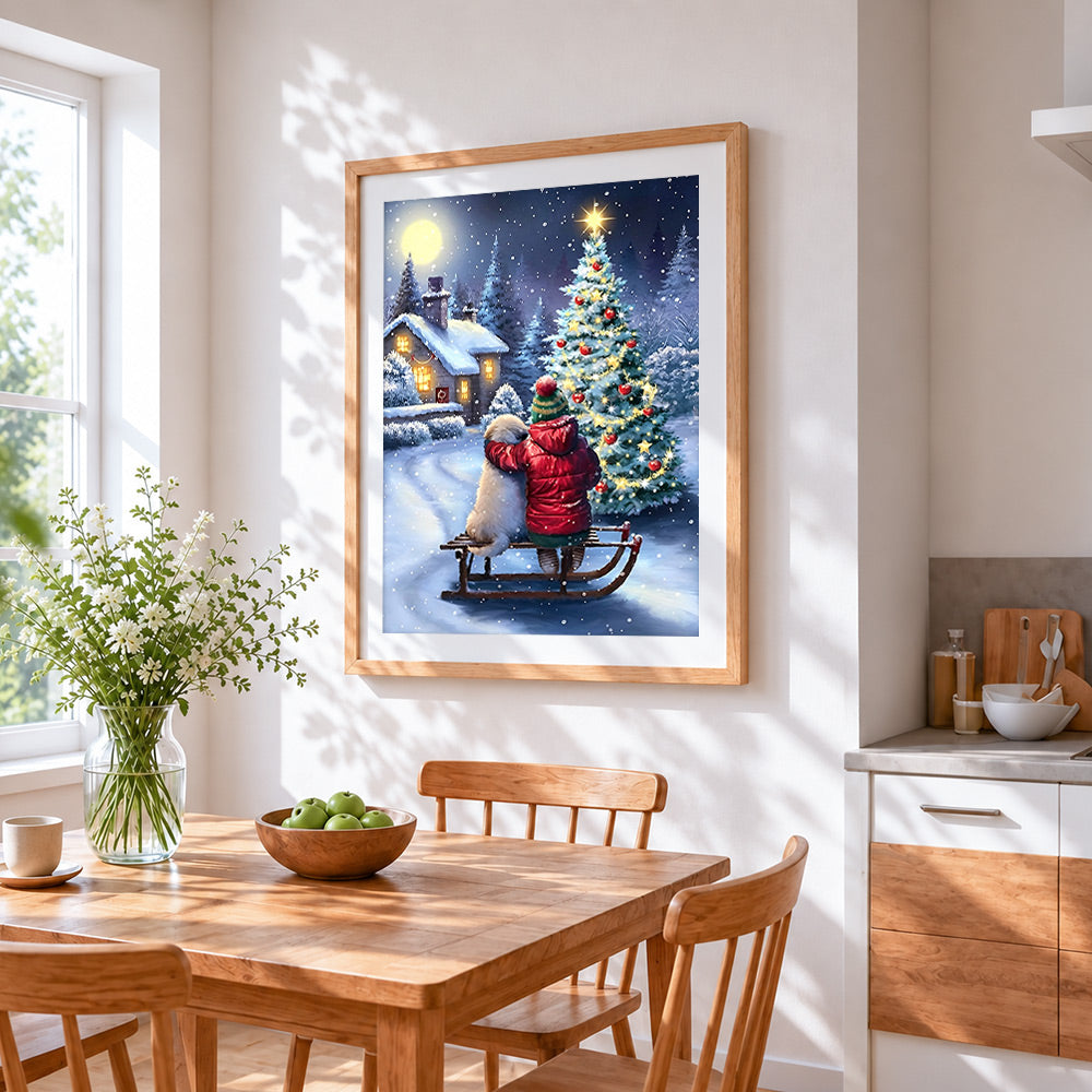 Child, dog and glowing christmas tree cross stitch artwork displayed on wall as home decor