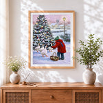 Finished child feeding geese in snowy village cross stitch artwork displayed