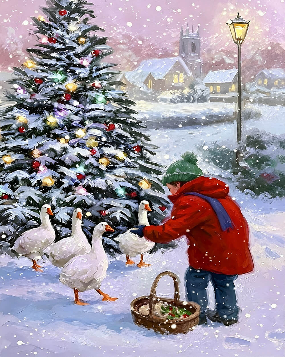 Child feeding geese in snowy village cross stitch kit for beginners