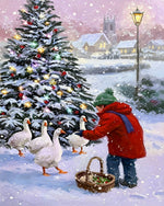 Child feeding geese in snowy village cross stitch kit for beginners