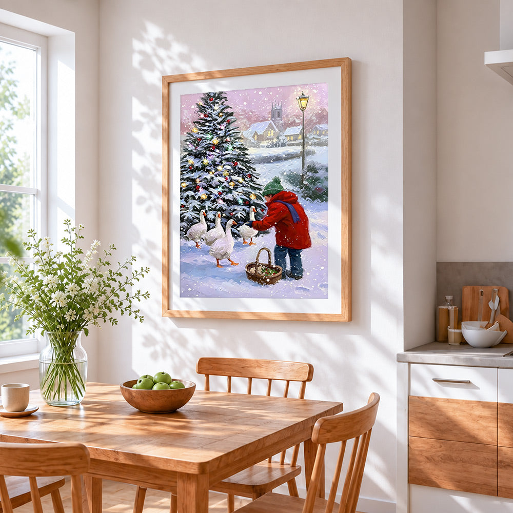 Child feeding geese in snowy village cross stitch artwork displayed on wall as home decor