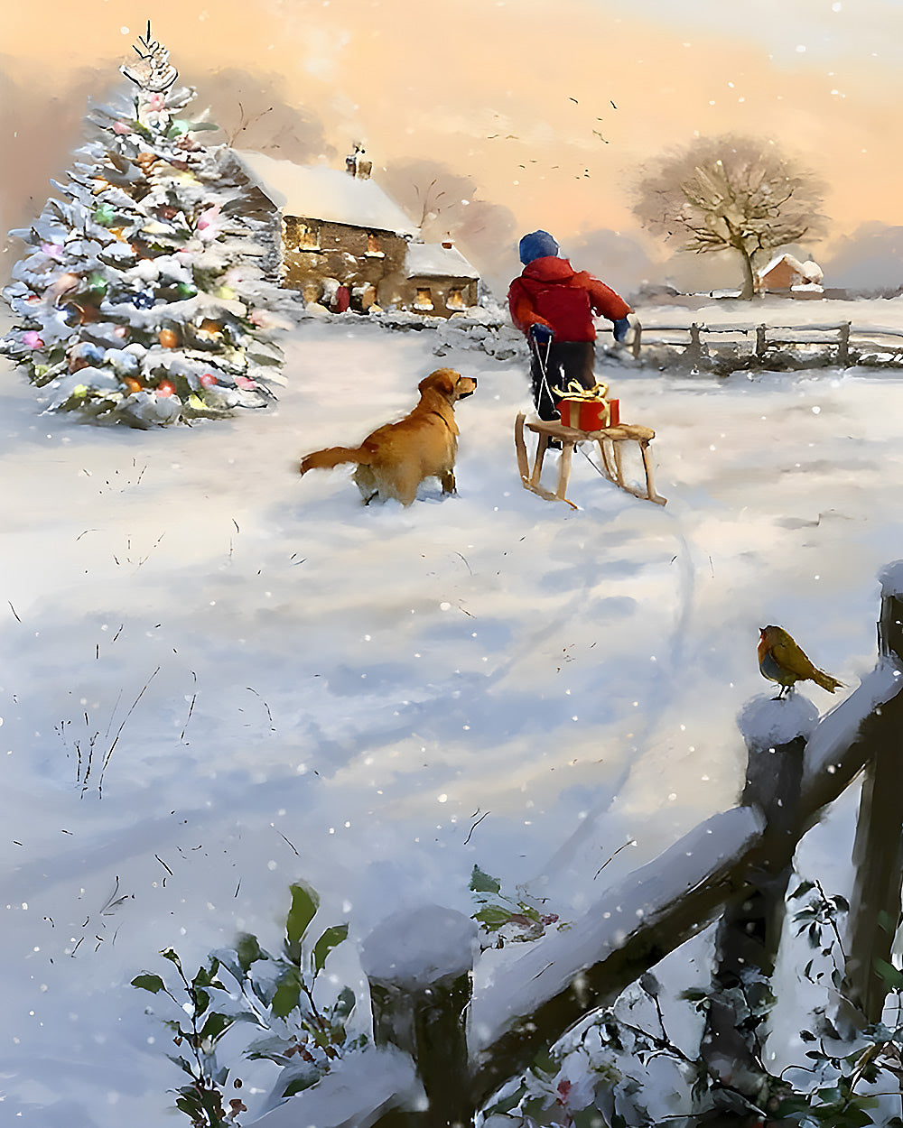 Child pulling a sleigh with a golden retriever cross stitch kit for beginners