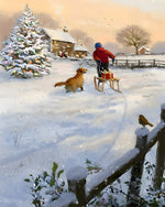 Child pulling a sleigh with a golden retriever cross stitch kit for beginners