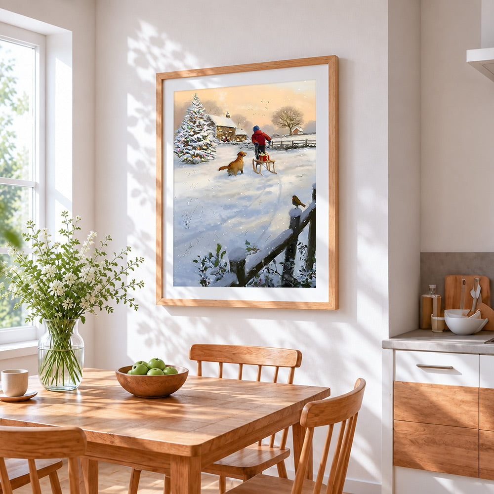 Child pulling a sleigh with a golden retriever cross stitch artwork displayed on wall as home decor