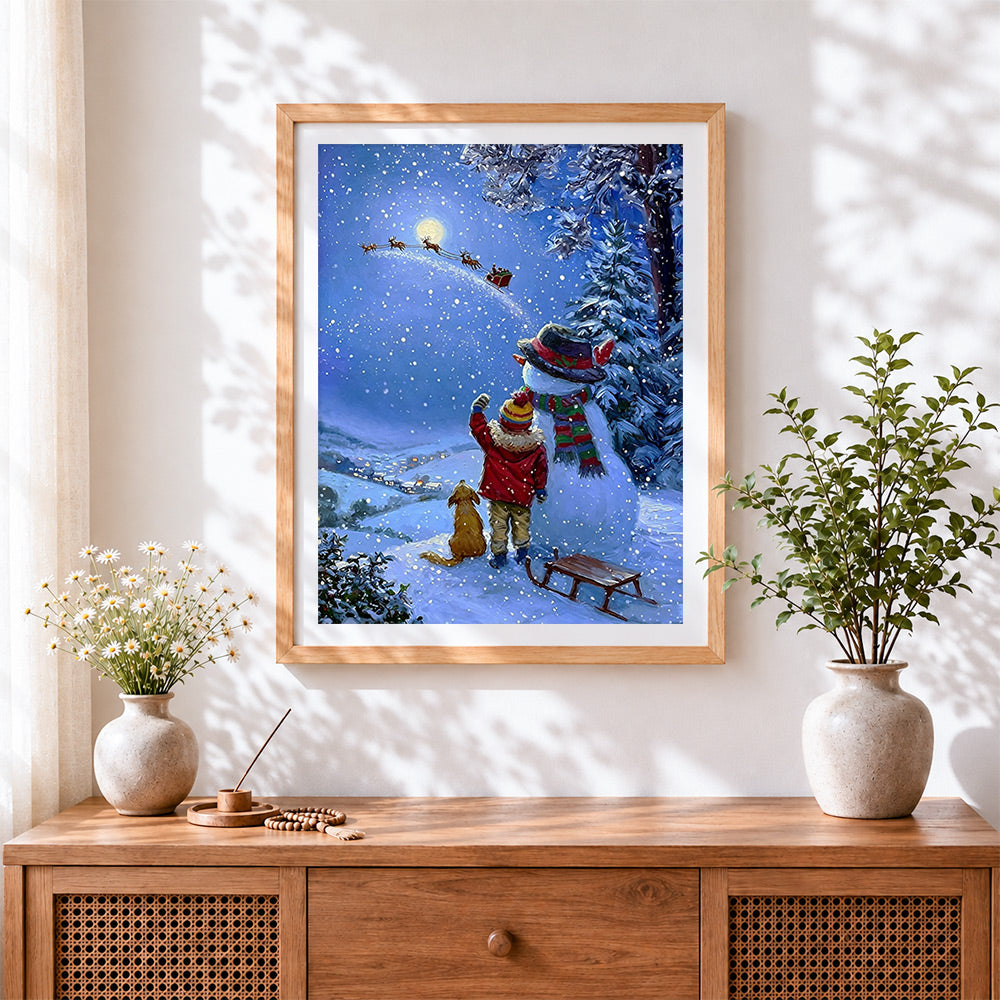 Finished child watching santa's sleigh fly across the moon cross stitch artwork displayed