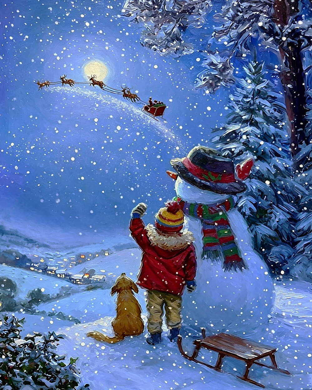 Child watching santa's sleigh fly a cross the moon cross stitch kit for beginners
