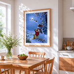 Child watching santa's sleigh fly a cross the moon cross stitch artwork displayed on wall as home decor
