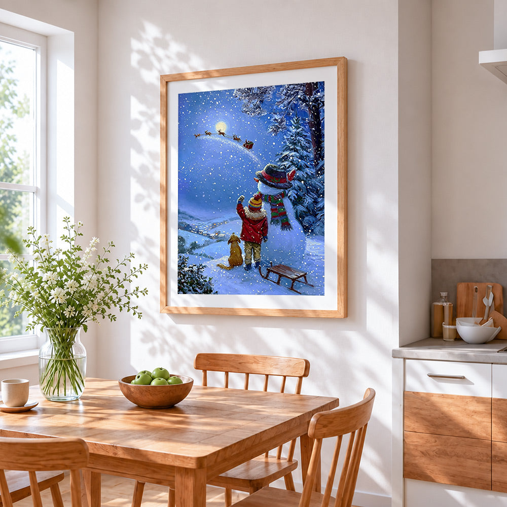 Child watching santa's sleigh fly a cross the moon cross stitch artwork displayed on wall as home decor