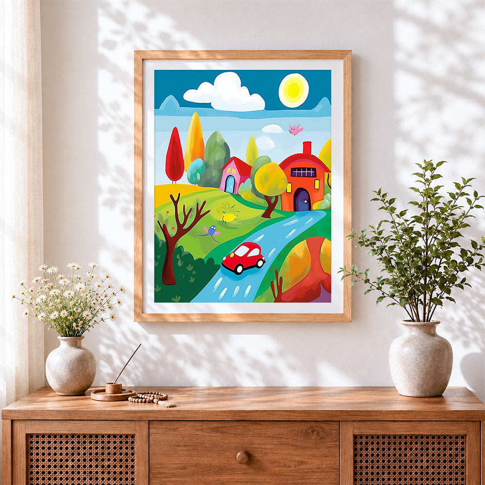 Finished childlike red car and colourful cottages cross stitch artwork displayed