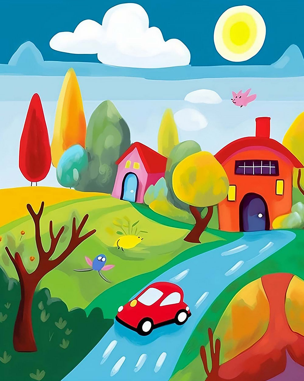 Childlike red car and colourful cottages cross stitch kit for beginners