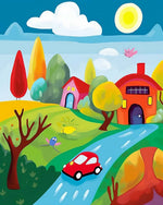 Childlike red car and colourful cottages cross stitch kit for beginners