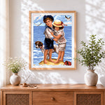 Finished children and dog by the sea cross stitch artwork displayed