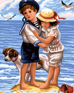 Children and dog by the sea cross stitch kit for beginners