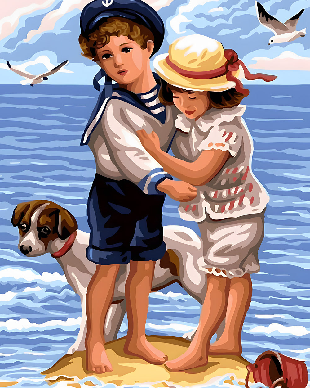 Children and dog by the sea cross stitch kit for beginners