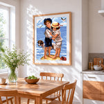 Children and dog by the sea cross stitch artwork displayed on wall as home decor
