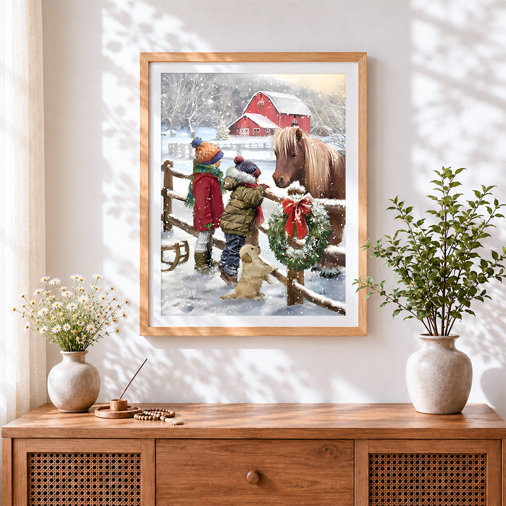 Finished children and pony in a snowy farm paint by numbers artwork displayed as home decor