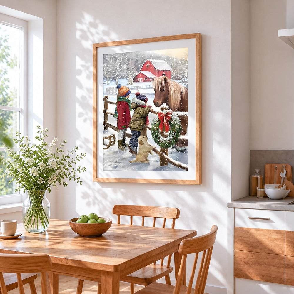 Children and pony in a snowy farm paint by numbers artwork displayed on wall as home decor