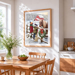 Children and pony in a snowy farm paint by numbers artwork displayed on wall as home decor