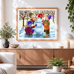 Finished children building a snowman in winter cross stitch artwork displayed