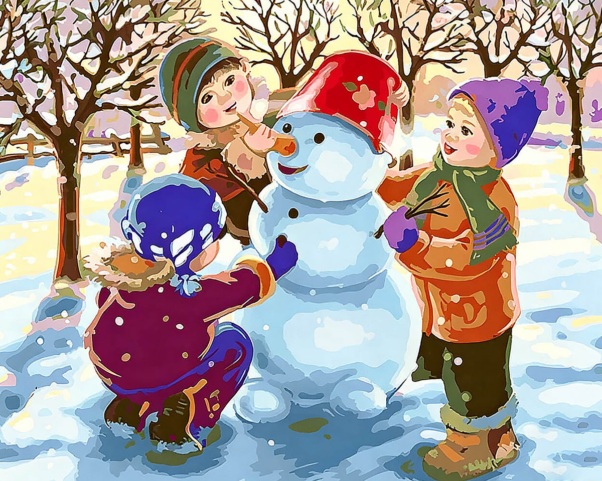 Children building a snowman in winter cross stitch kit for beginners