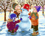 Children building a snowman in winter cross stitch kit for beginners