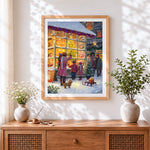 Finished children looking at a toy shop window cross stitch artwork displayed