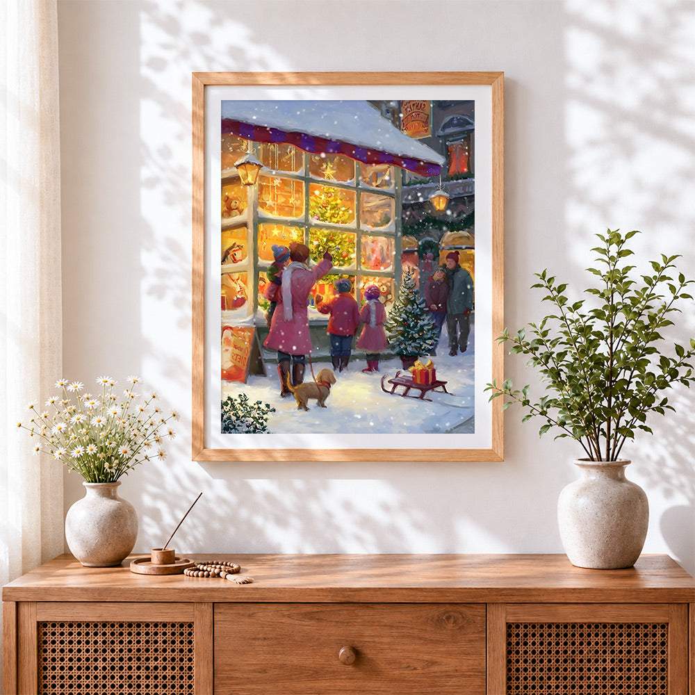 Finished children looking at a toy shop window cross stitch artwork displayed