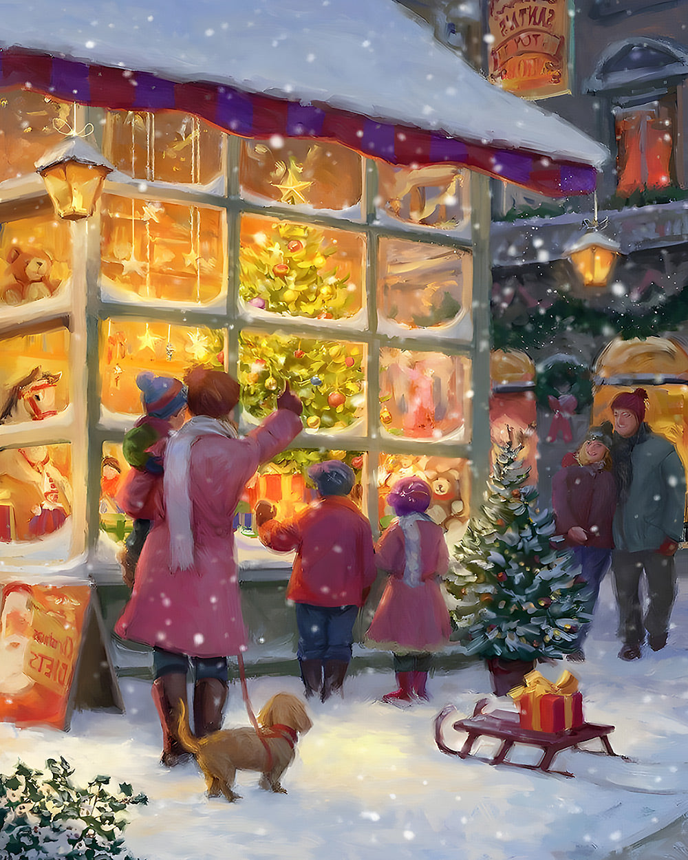 Children looking at a toy shop window cross stitch kit for beginners