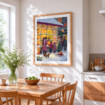 Children looking at a toy shop window cross stitch artwork displayed on wall as home decor