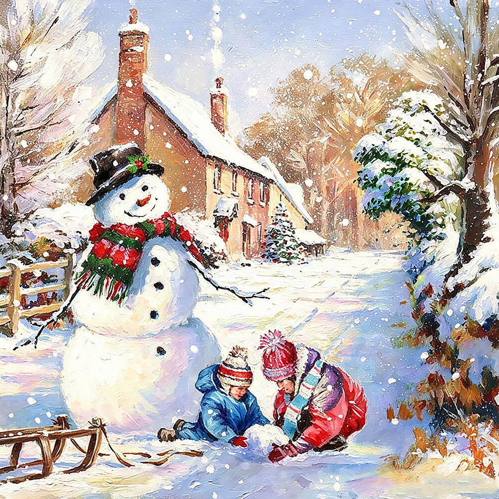 Children playing with snowman in the snow cross stitch kit for beginners