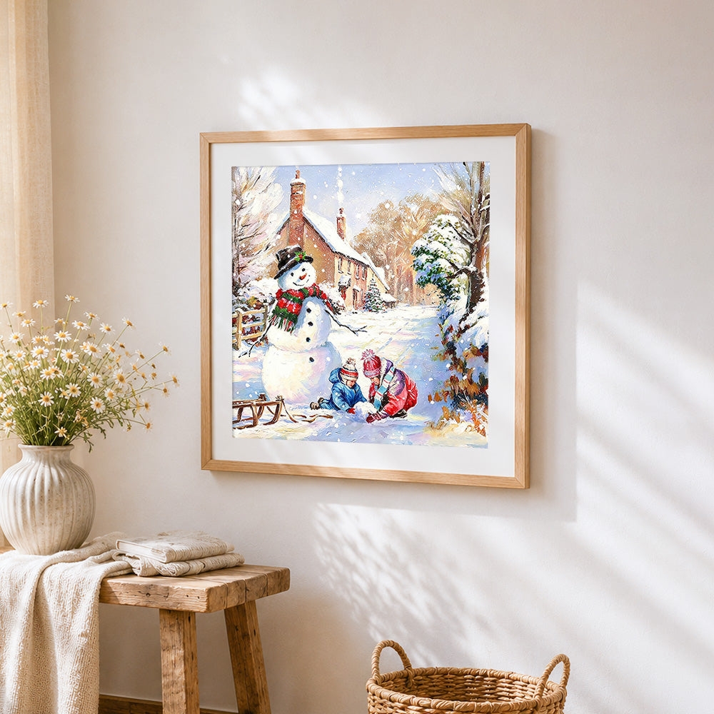 Children playing with snowman in the snow paint by numbers artwork displayed on wall as home decor